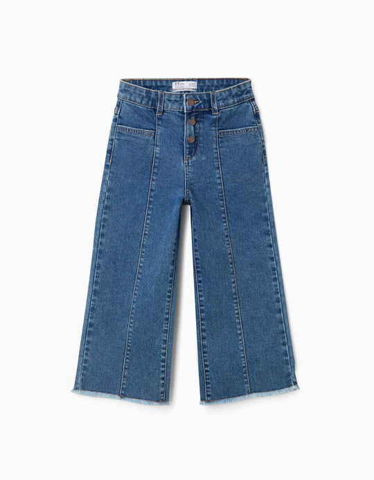 Wide Leg Jeans With Frayed Hems For Girls, Blue