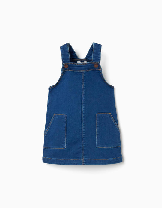 Denim Pinafore Dress With Front Pockets For Baby Girls, Blue