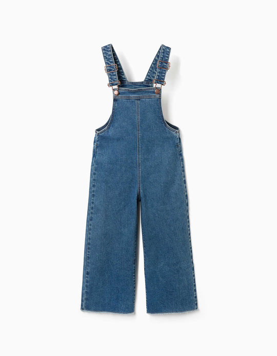 Wide Leg Cotton Denim Dungarees For Girls, Blue