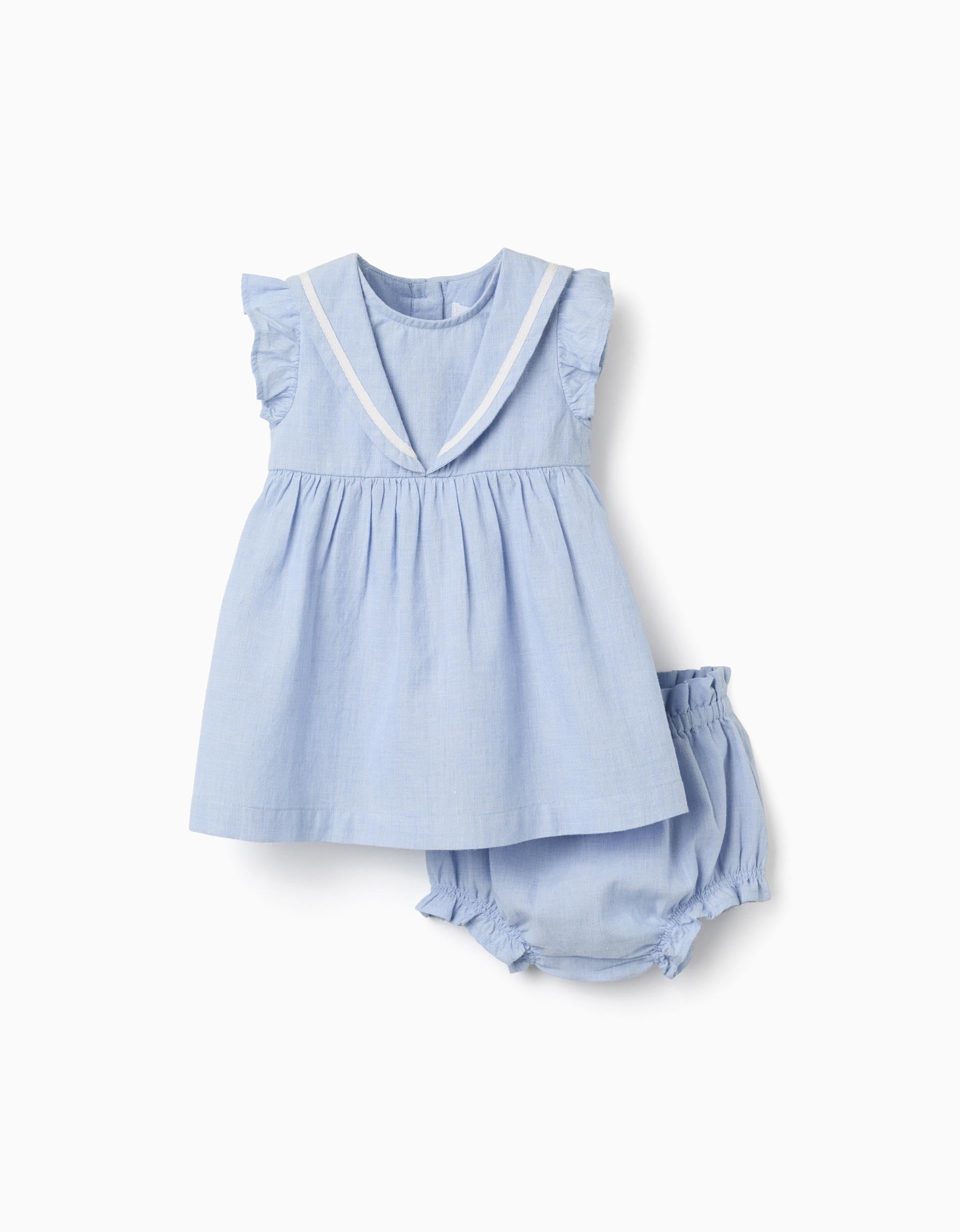 Cotton Sleeveless Dress + Bloomers For Newborn Girls Light Blue