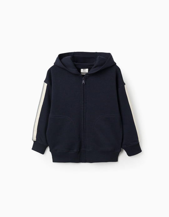 Cotton Hooded Jacket With Striped Tape For Boys, Navy Blue/Beige/Green