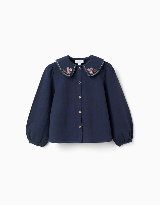 Long-Sleeve Cotton Shirt For Girls, Dark Blue