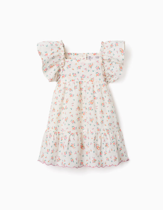 Cotton Dress With Floral Pattern And Ruffles For Baby Girls, Light Beige