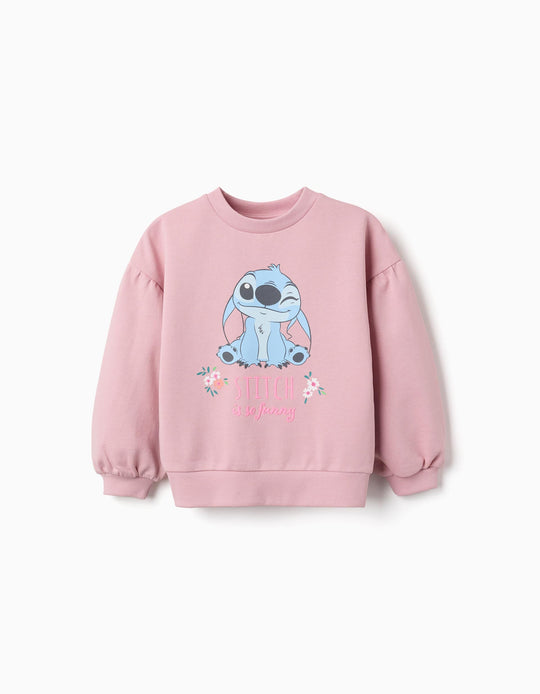 Cotton Sweatshirt With Stitch Print And Dropped Shoulders For Girls, Pink