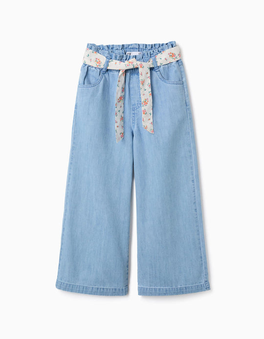 Wide Leg Denim Trousers With Floral Belt For Girls, Light Blue