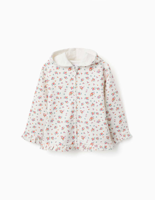 Hooded Fleece Jacket With Floral Pattern For Girls, White