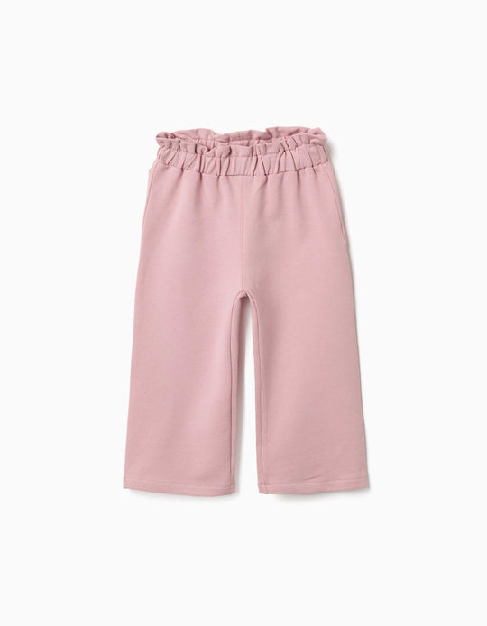 Wide Leg Fleece Trousers With Elastic Waistband For Baby Girls, Pink