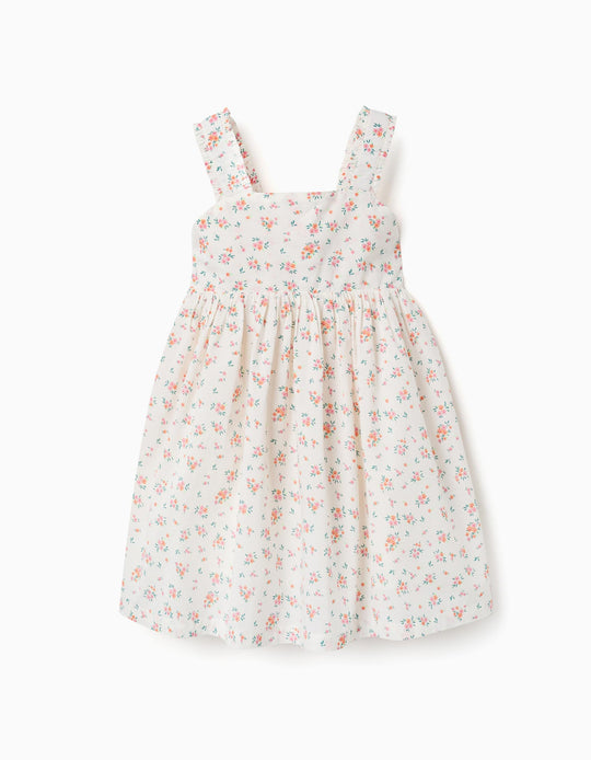 Sleeveless Cotton Dress With Floral Pattern For Girls, Light Beige