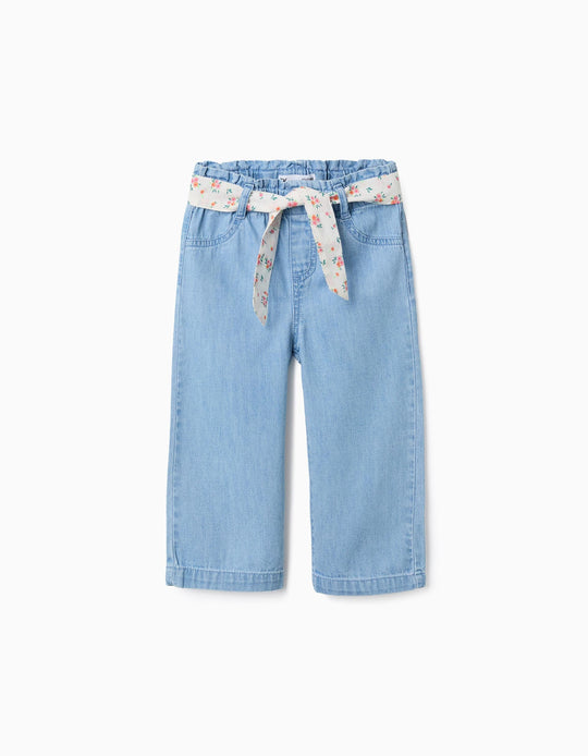 Wide Leg Denim Trousers With Floral Belt For Baby Girls, Light Blue