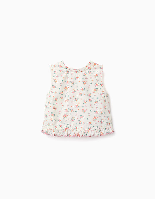 Sleeveless Cotton Top With Floral Pattern For Girls, Light Beige