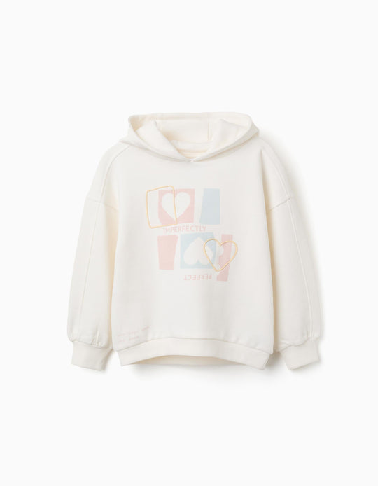 Cotton Hooded Sweatshirt With Heart Print For Girls, White/Blue/Pink