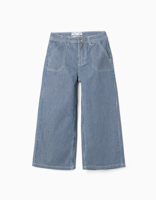 Wide Leg Jeans With Stripes For Girls, Blue/White