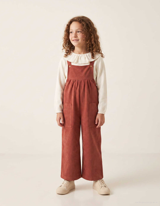 Wide Leg Interlock Knit Dungarees With Pockets For Girls, Terracotta