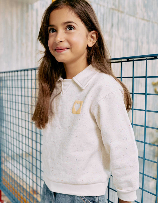 Cotton Sweatshirt With Embossed Heart Print For Girls, Light Beige