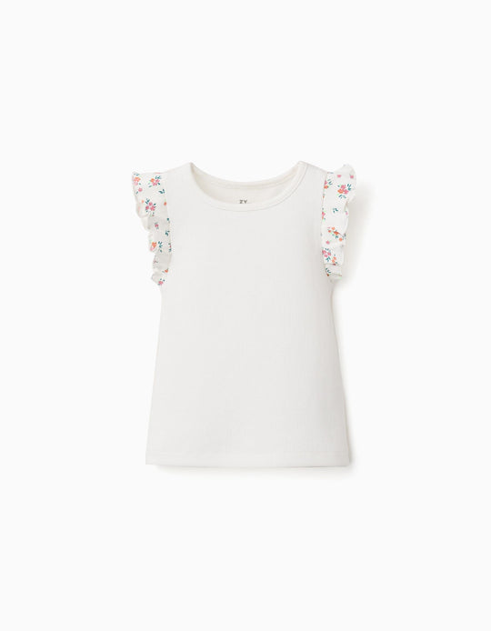 Ribbed Cotton T-Shirt With Ruffled Sleeves For Baby Girls, Light Beige