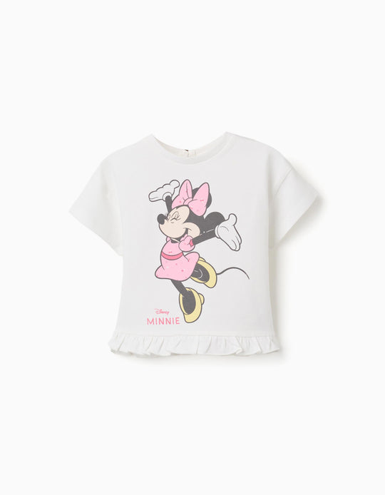 Cotton T-Shirt With Minnie Print And Ruffles For Baby Girls, White