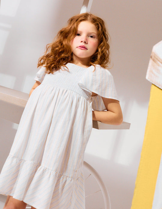 Striped Cotton DreWith Lining B&S For Girls White Yellow Blue