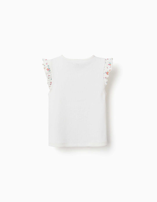 Ribbed Cotton T-Shirt With Ruffled Sleeves For Girls, Light Beige