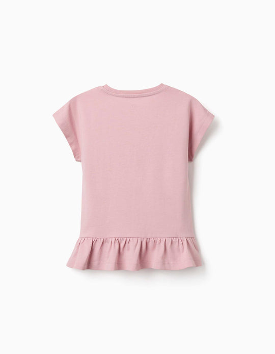 Cotton T-Shirt With Floral Heart Print For Girls, Pink