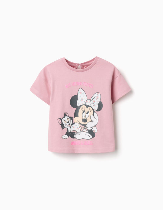 Cotton T-Shirt With Minnie & Figaro Print For Baby Girls, Pink