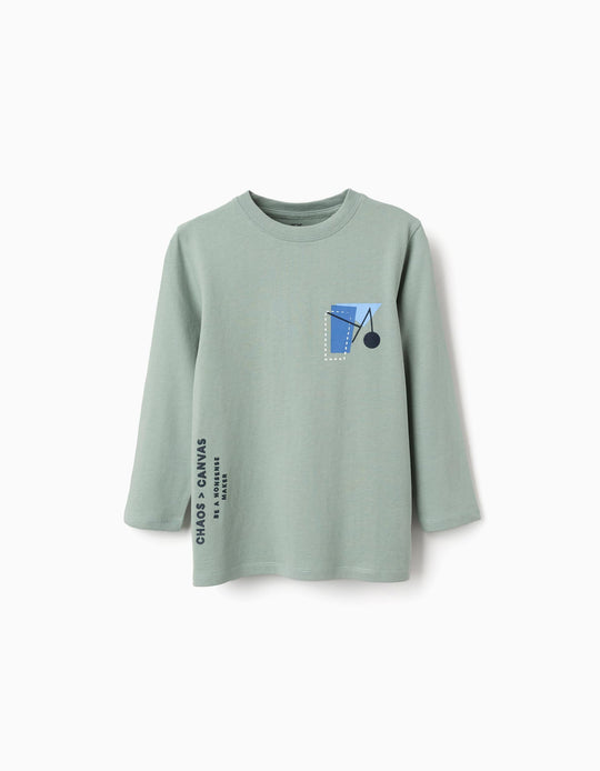 Long Sleeve Cotton T-Shirt With Shapes Print For Boys, Light Green