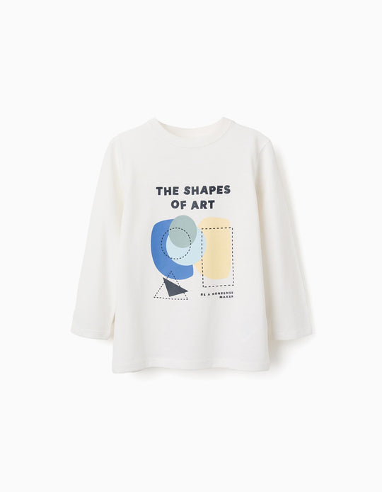 Long Sleeve Cotton T-Shirt With Shapes Print For Boys, White
