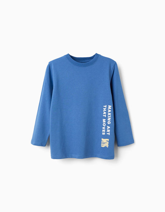 Long Sleeve Cotton T-Shirt With Making Art Print For Boys, Blue