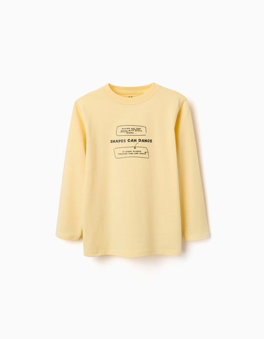 Long Sleeve Cotton T-Shirt With Making Art Print For Boys, Yellow
