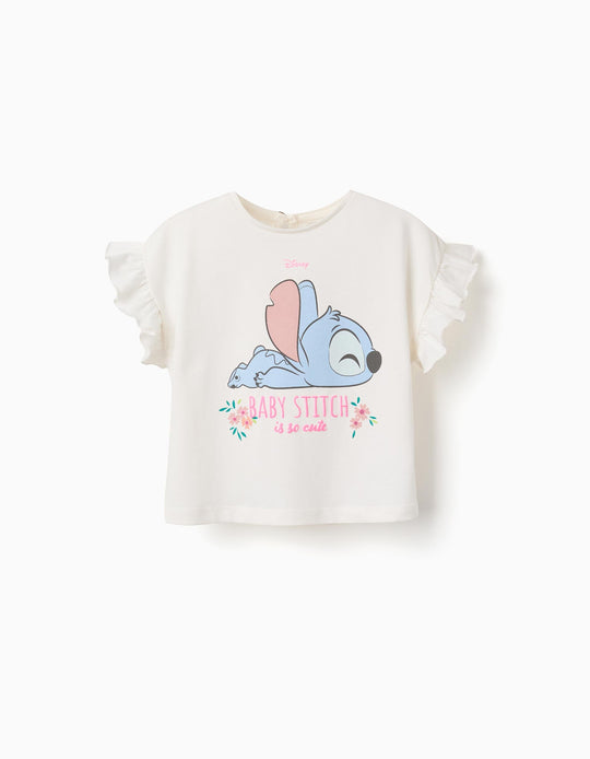 Cotton T-Shirt With Stitch Print And Ruffles For Baby Girls, Light Beige