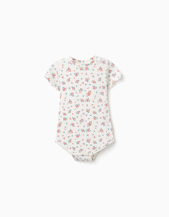 Ribbed Bodysuit With Floral Pattern For Baby Girls, Light Beige