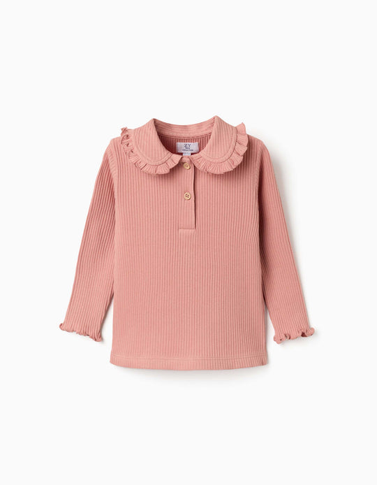 Long-Sleeve Ribbed Jersey Polo Shirt For Baby Girls, Pink
