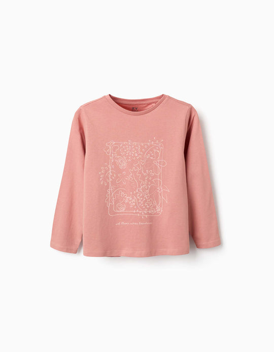 Long Sleeve Cotton T-Shirt With Art And Nature Print For Girls, Pink