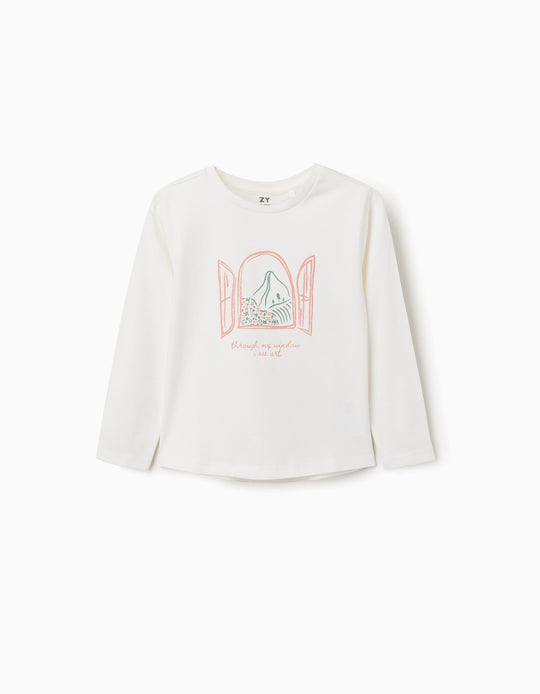 Long Sleeve Cotton T-Shirt With Art And Nature Print For Girls, White