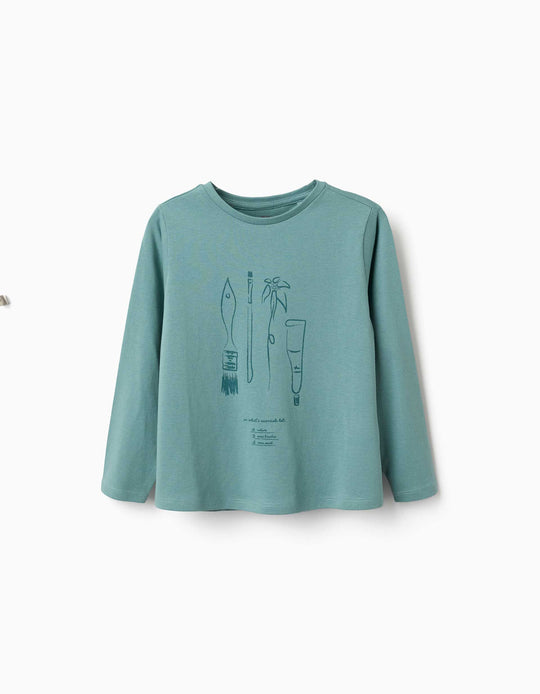 Long Sleeve Cotton T-Shirt With Art And Nature Print For Girls, Blue-Green