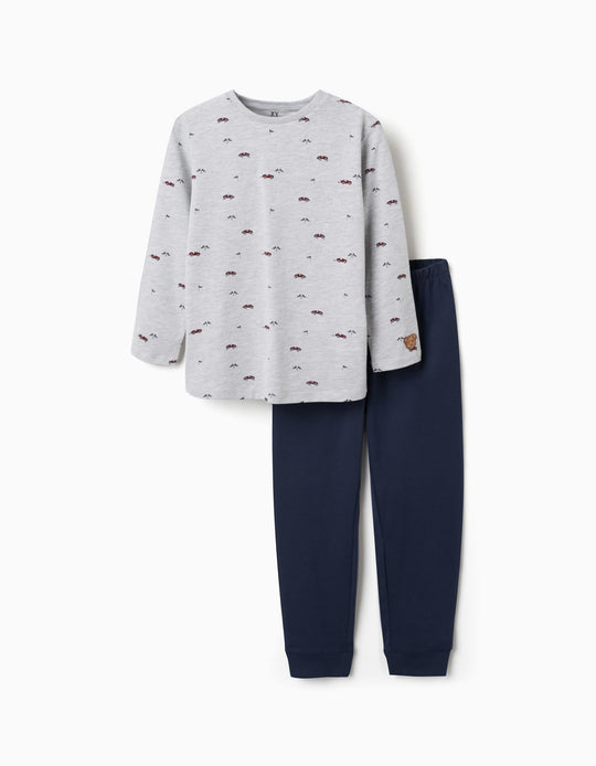 Long Sleeve Pyjamas With Racing Car Motif For Boys, Grey/Dark Blue
