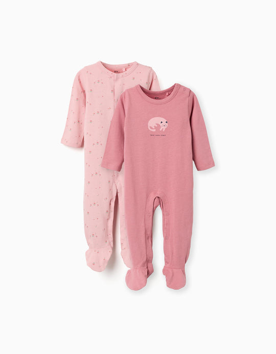 Pack Of 2 Cotton Babygrows With Prints For Newborn And Baby Girls, Pink