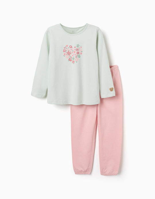Long Sleeve Pyjamas With Flower Print For Girls, Light Green/pink
