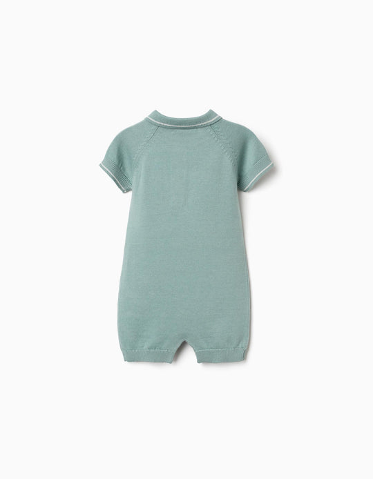 Knitted Cotton Romper With Stripes For Newborn Boys, Light Green/White