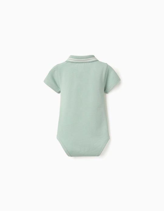 Cotton Polo Bodysuit With Stripes For Newborn Boys, Light Green