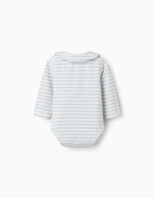Long Sleeve Polo Bodysuit With Stripes For Newborn Boys, Beige/Blue