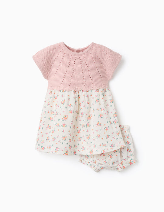 Dual-fabric Dress With Floral Pattern For Newborn Girls, White/pink