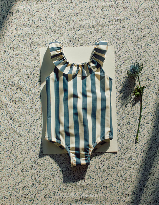 Striped Swimsuit With Ruffles You&Me For Baby Girls, White/Blue