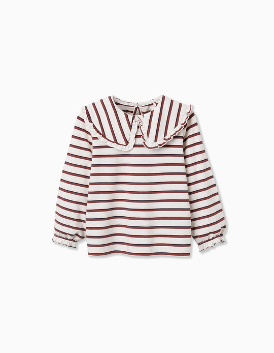 Long Sleeve T-Shirt With Stripes For Girls, White/Pink/Brown/Blue