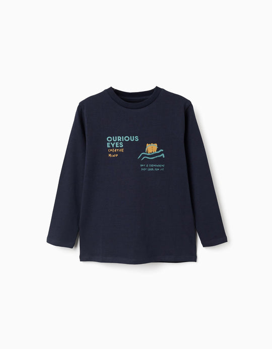 Long Sleeve Cotton T Shirt With Curious Eyes Print For Boys, Navy Blue