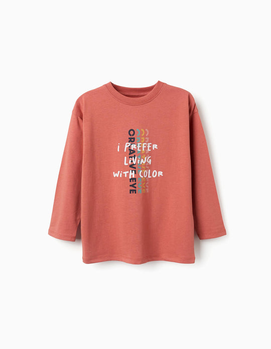 Long Sleeve Cotton T Shirt With Creative Eye Print For Boys, Terracotta