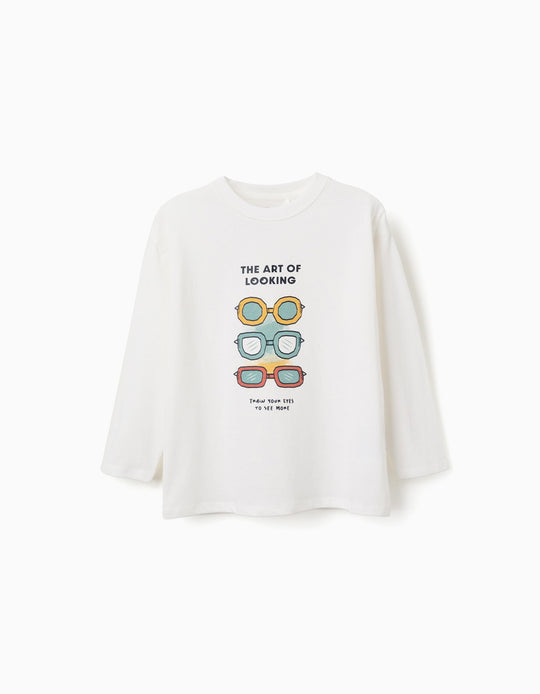 Long Sleeve Cotton T Shirt With Art Of Looking Print For Boys, White