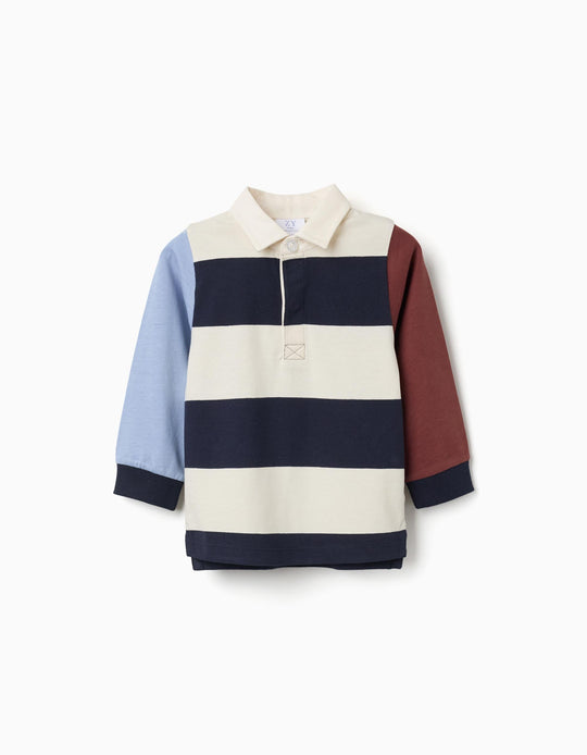 Long Sleeve Polo Shirt With Stripes For Baby Boys, Blue/Beige/Brown