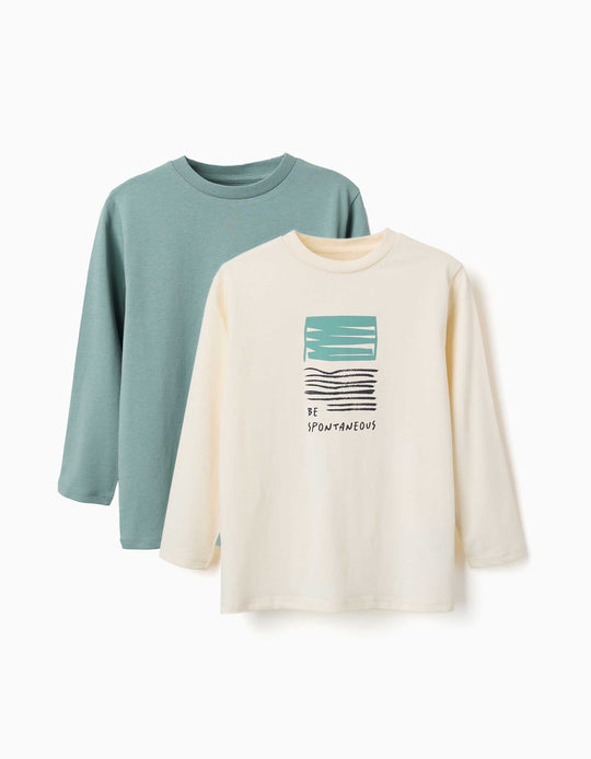 Pack Of 2 Long Sleeve T Shirts With Prints For Boys, White/Green