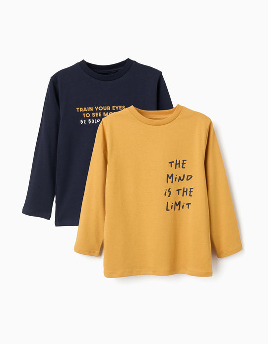 Pack Of 2 Long Sleeve T Shirts With Prints For Boys, Navy Blue/Yellow