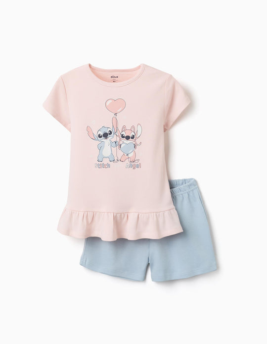 Short Pyjamas With Stitch Glow-In-The-Dark Print For Girls, Pink/Blue